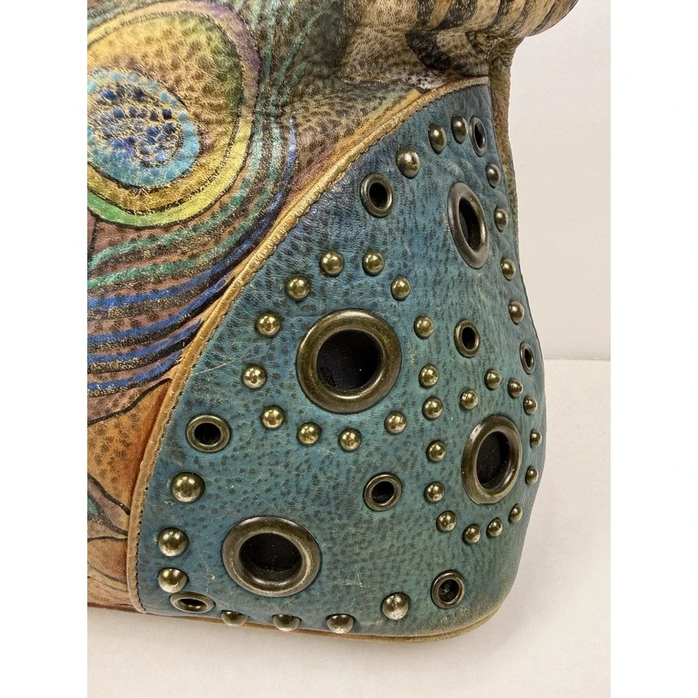 Anuschka peacock feather satchel bag studded blue hand painted signed art purse